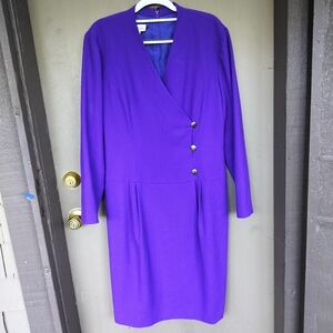 Vintage 1980s Gillian 100% Wool Purple Long Sleeve Button Front Sheath Dress